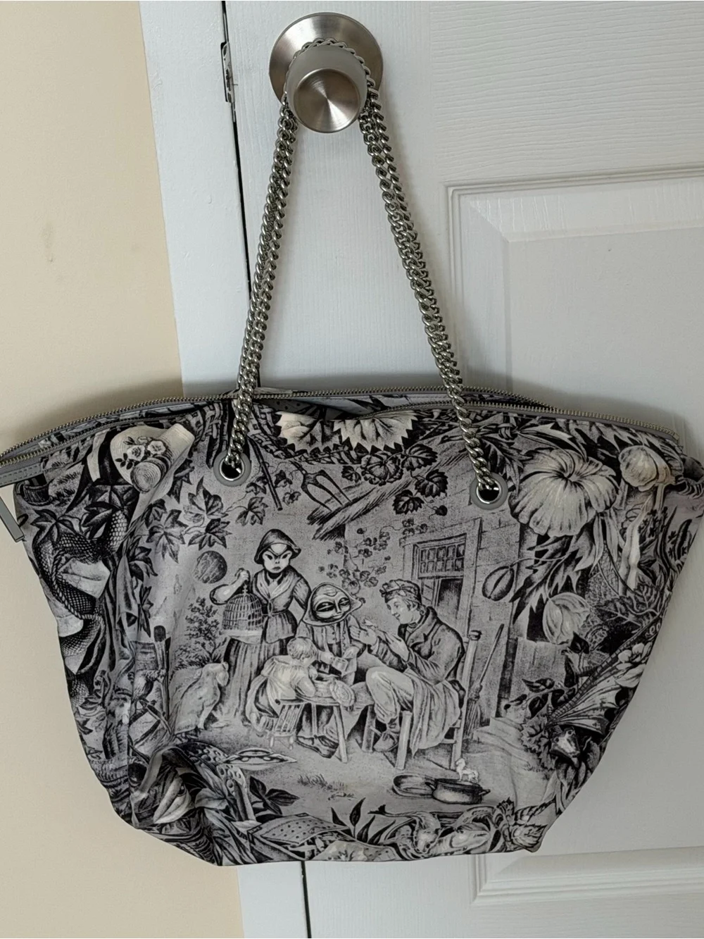 Tory Burch Black & White Illustrated Logo Tote with Chain Straps